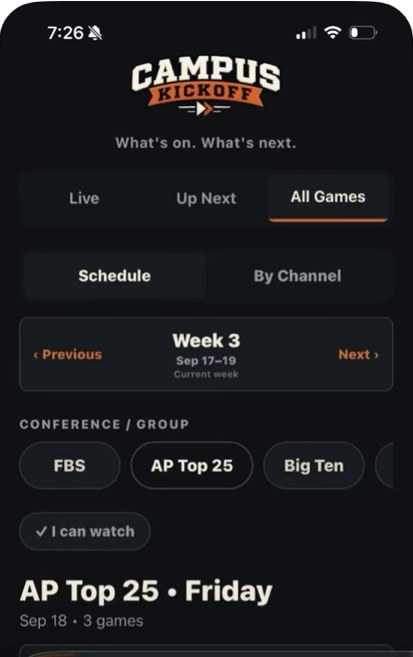 Campus Kickoff app showing football schedule and game filters
